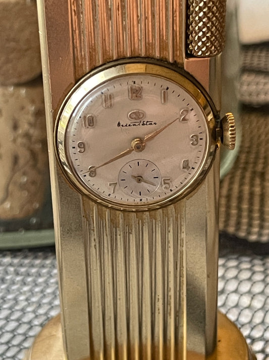 1950 Gold Plated Swiss Cygnus Table Lighter with Clock