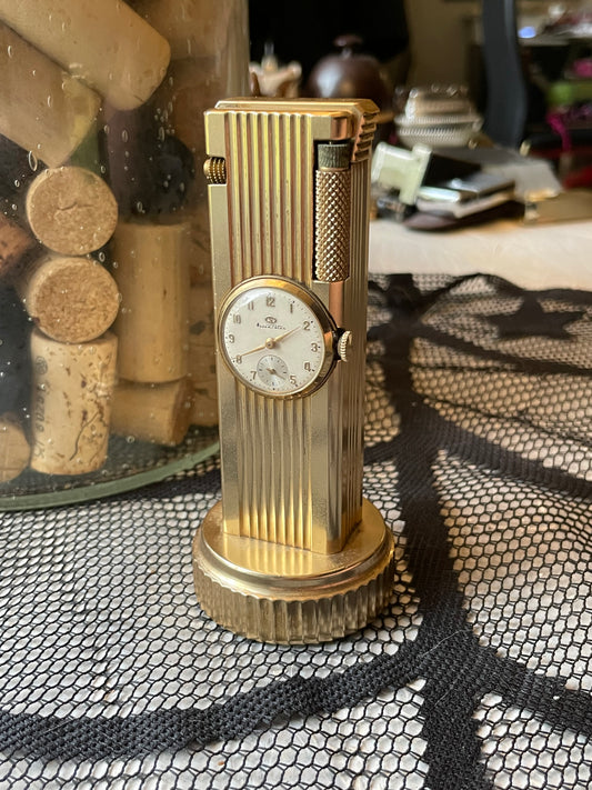 1950 Gold Plated Swiss Cygnus Table Lighter with Clock