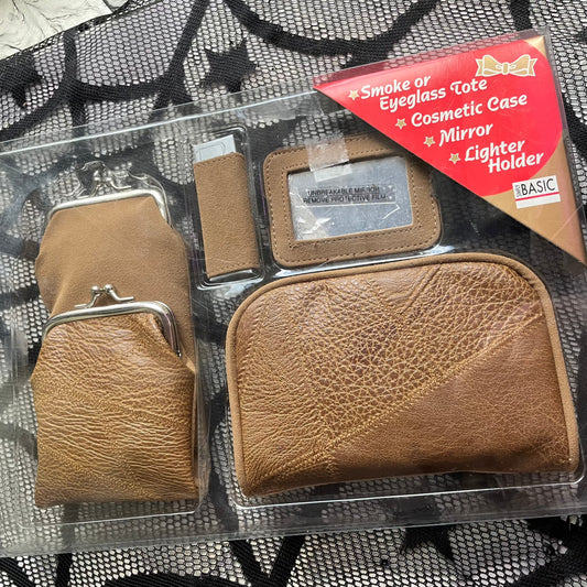Vintage Brown Suede and Leather 4 Piece Smoking Accessory Kit in Box