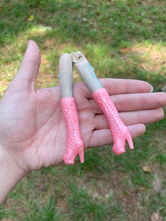Vintage Porcelain Doll Leg Earrings with Pink Boots