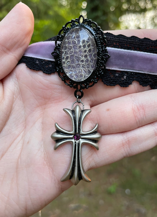 Lilac Python Shed and Cross Choker Necklace