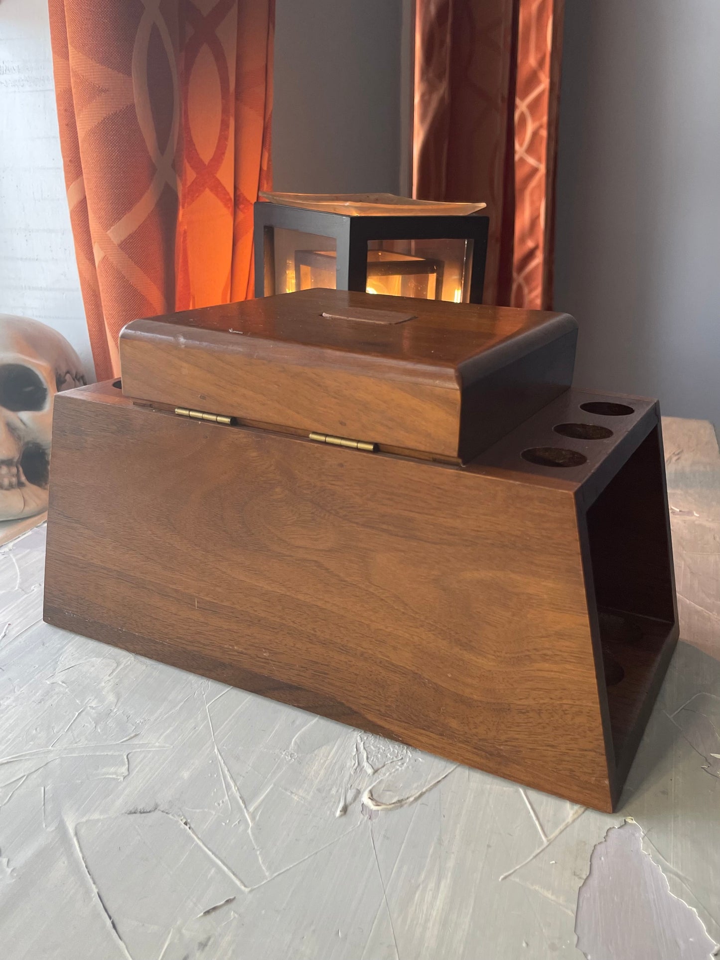 Vintage Walnut Stash Box with Pipe Storage and Grinder Tool