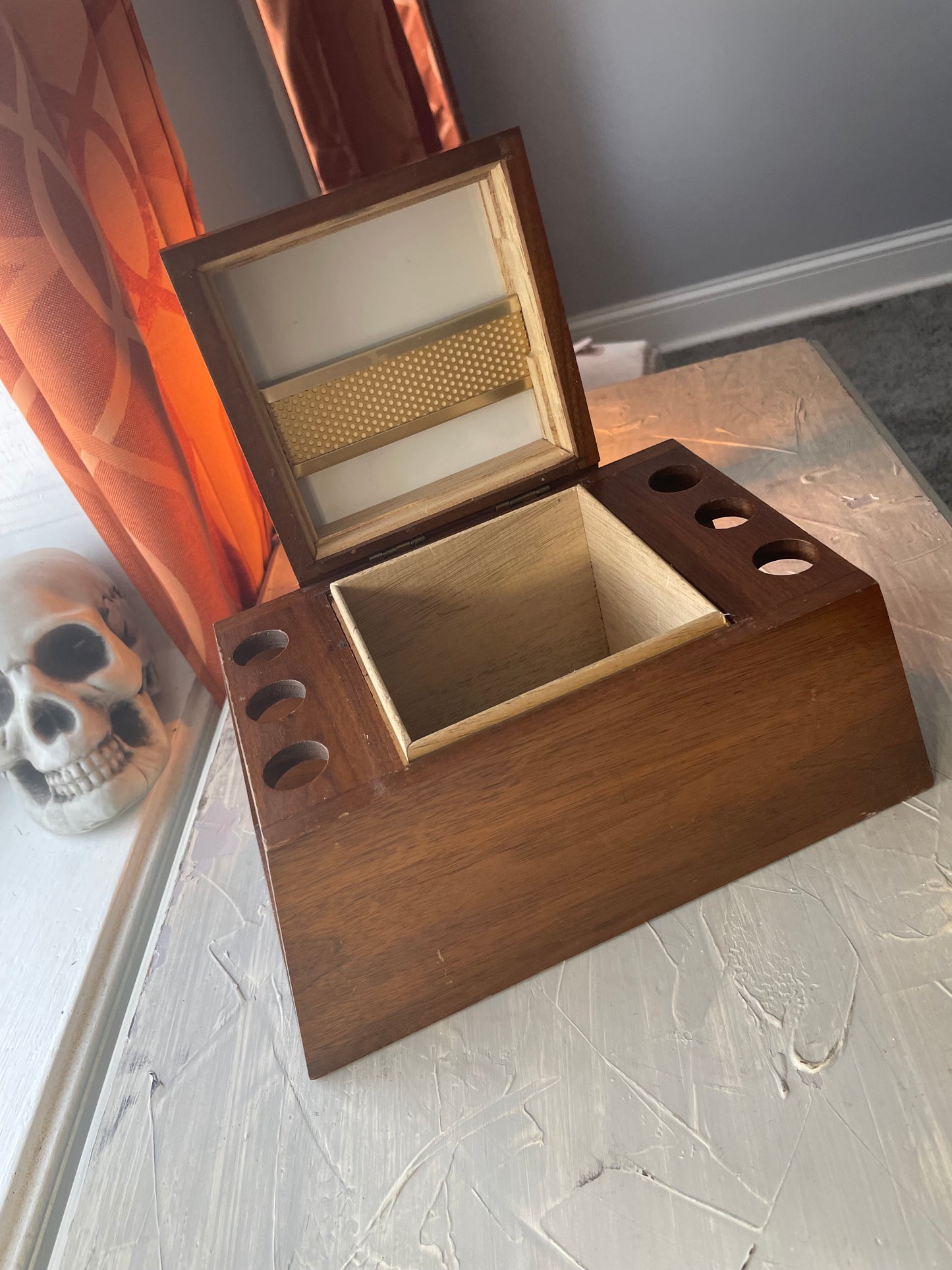 Vintage Walnut Stash Box with Pipe Storage and Grinder Tool