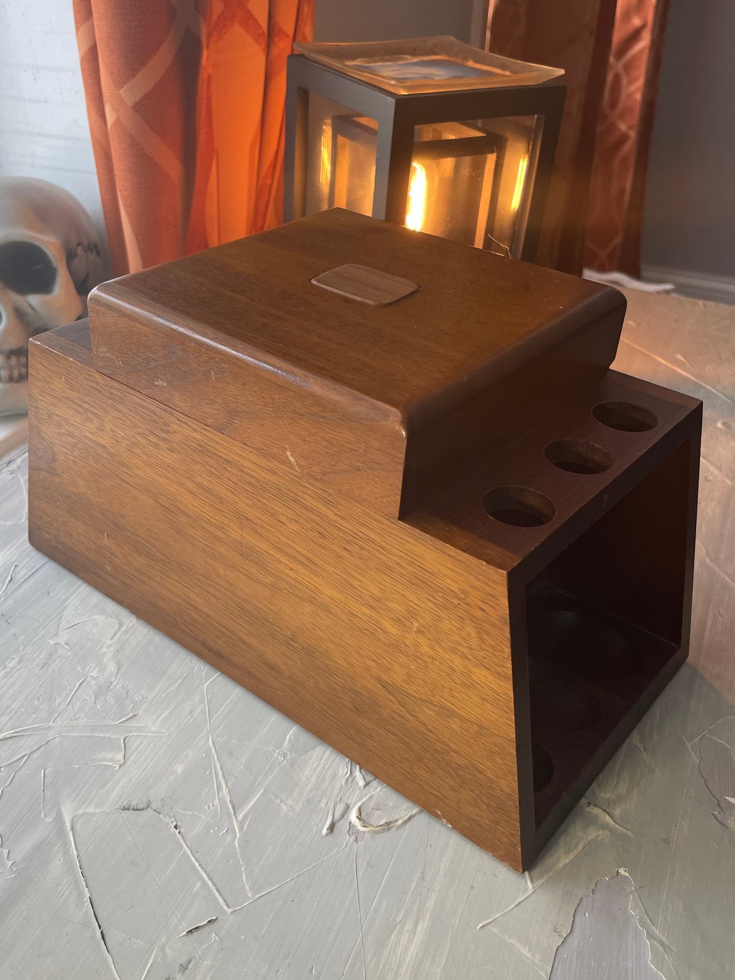 Vintage Walnut Stash Box with Pipe Storage and Grinder Tool