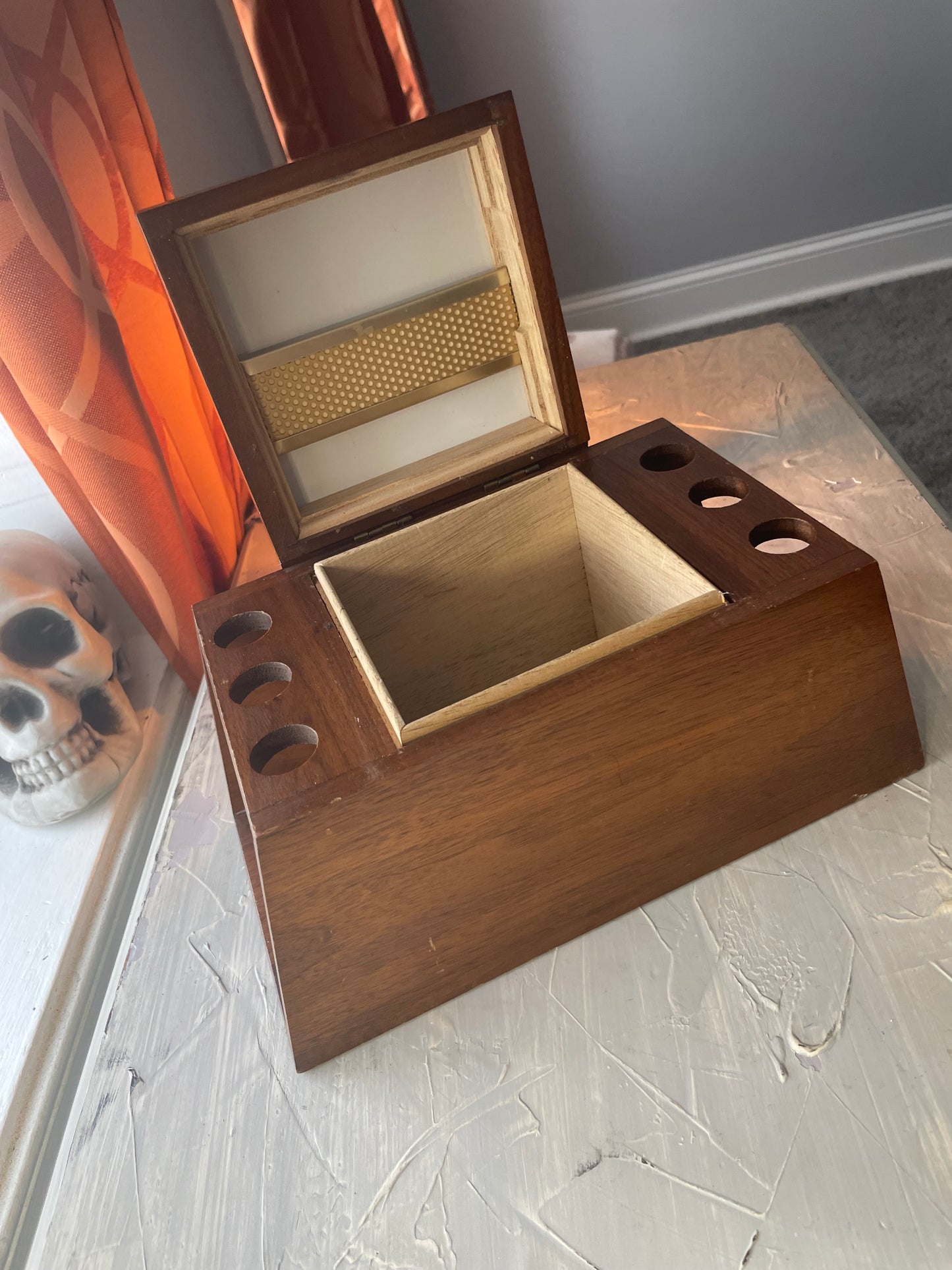 Vintage Walnut Stash Box with Pipe Storage and Grinder Tool