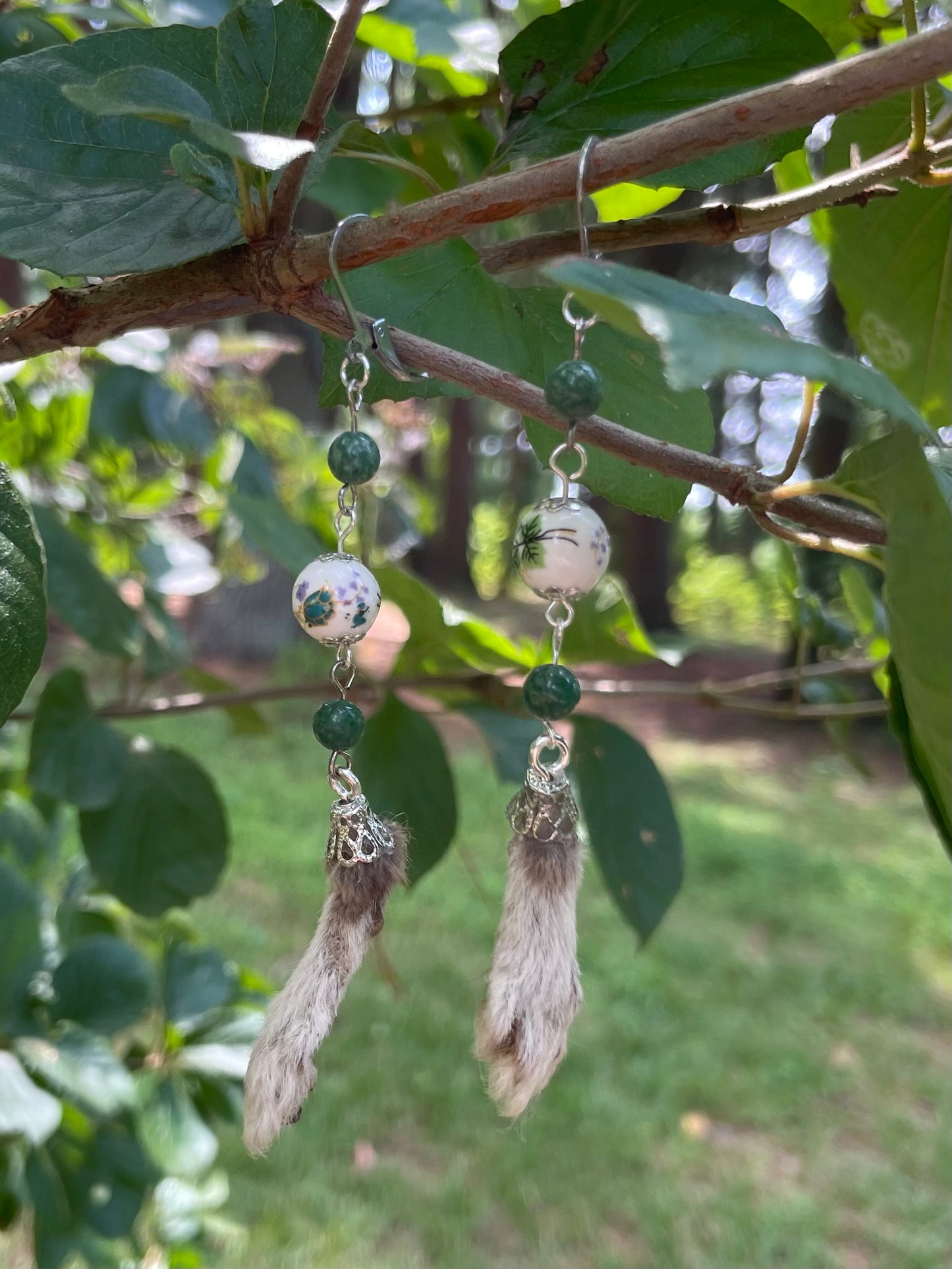 Mummified Packrat Paw with Real Jade Bead Earrings