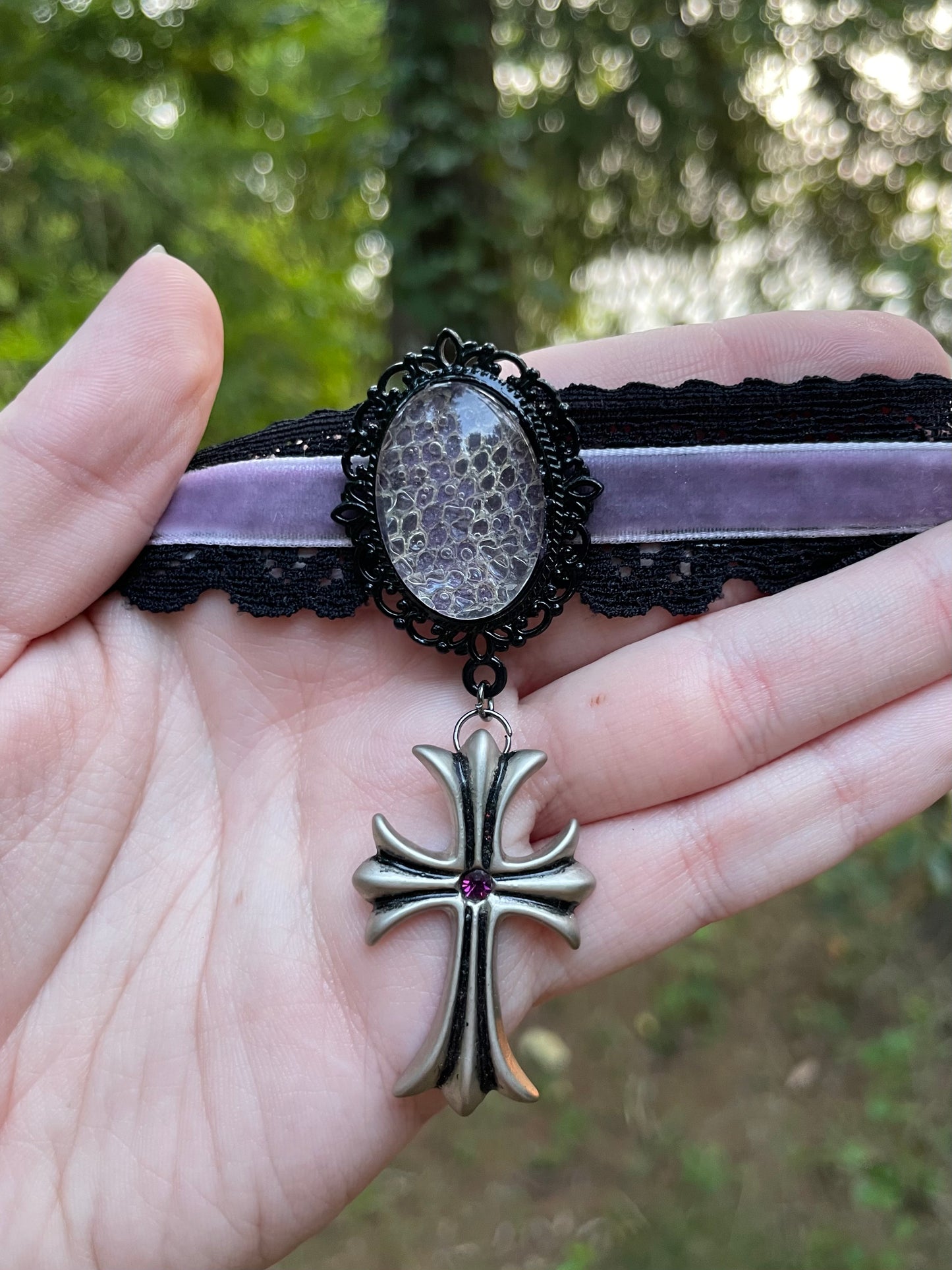 Lilac Python Shed and Cross Choker Necklace