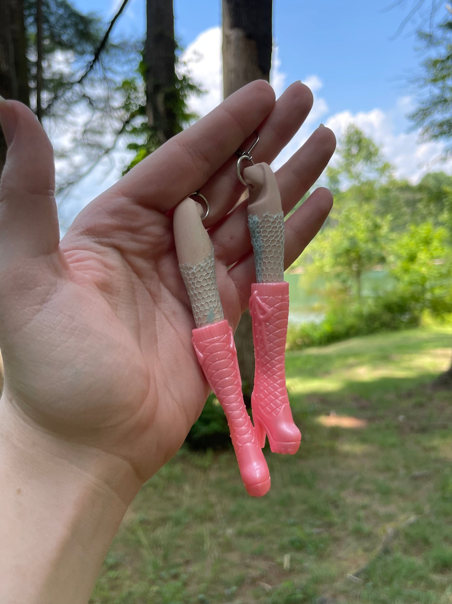 Vintage Porcelain Doll Leg Earrings with Pink Boots