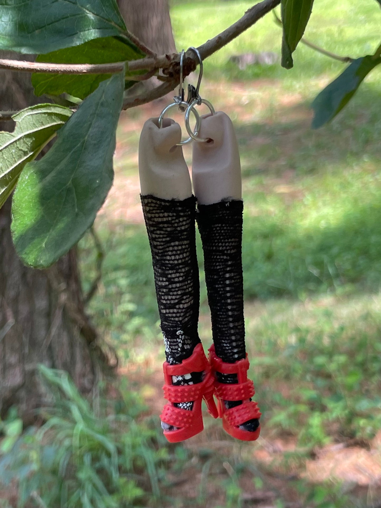 Vintage Porcelain Doll Leg Earrings with Red Pumps