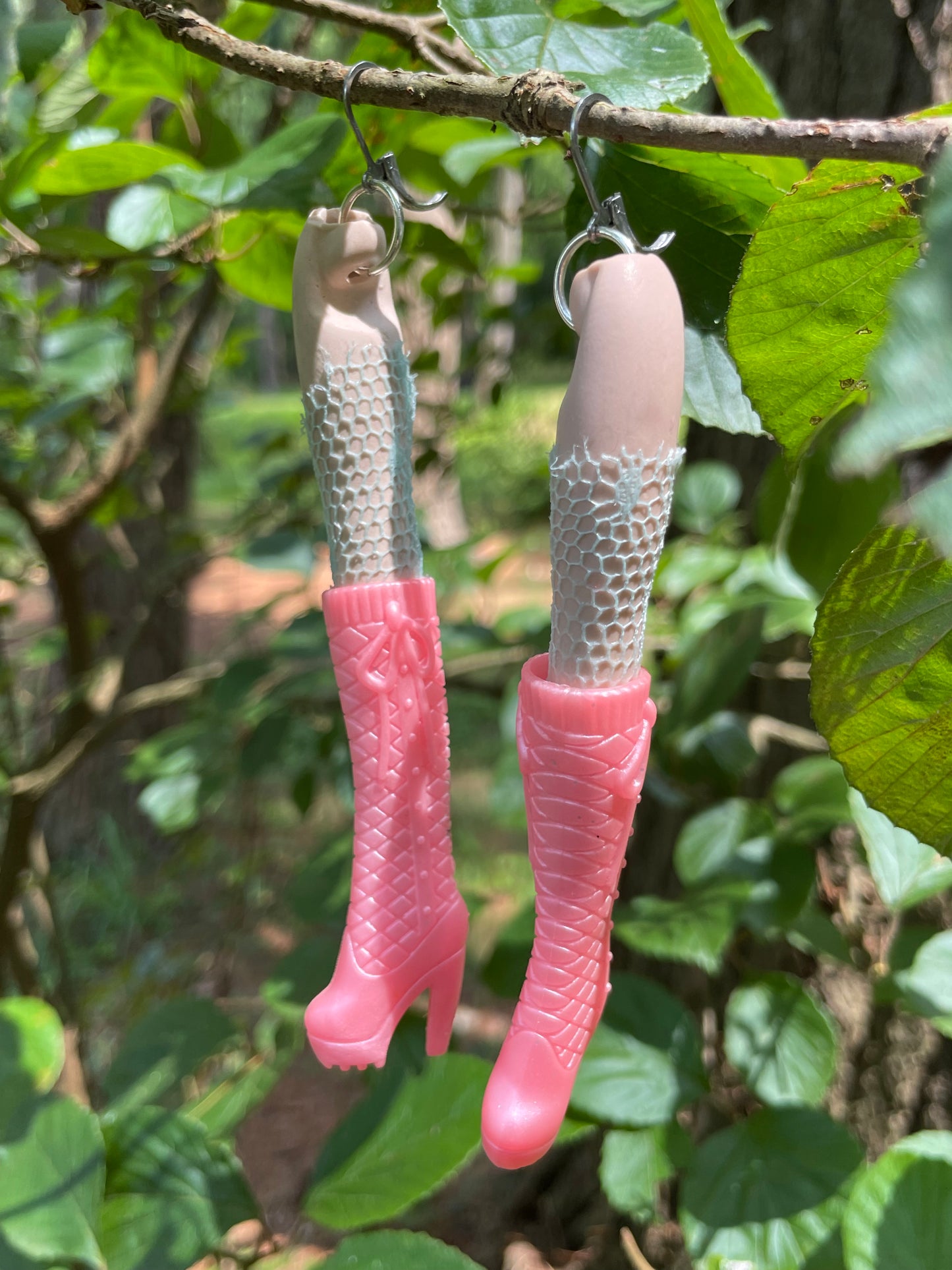 Vintage Porcelain Doll Leg Earrings with Pink Boots