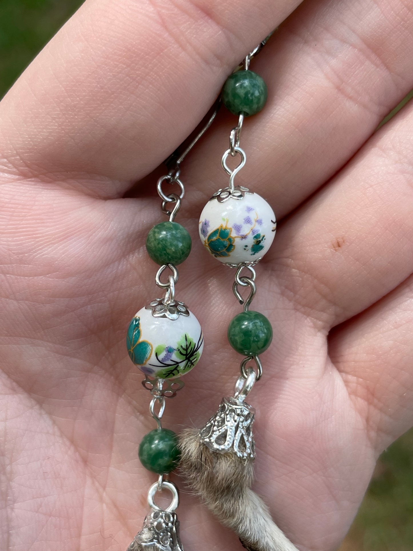 Mummified Packrat Paw with Real Jade Bead Earrings