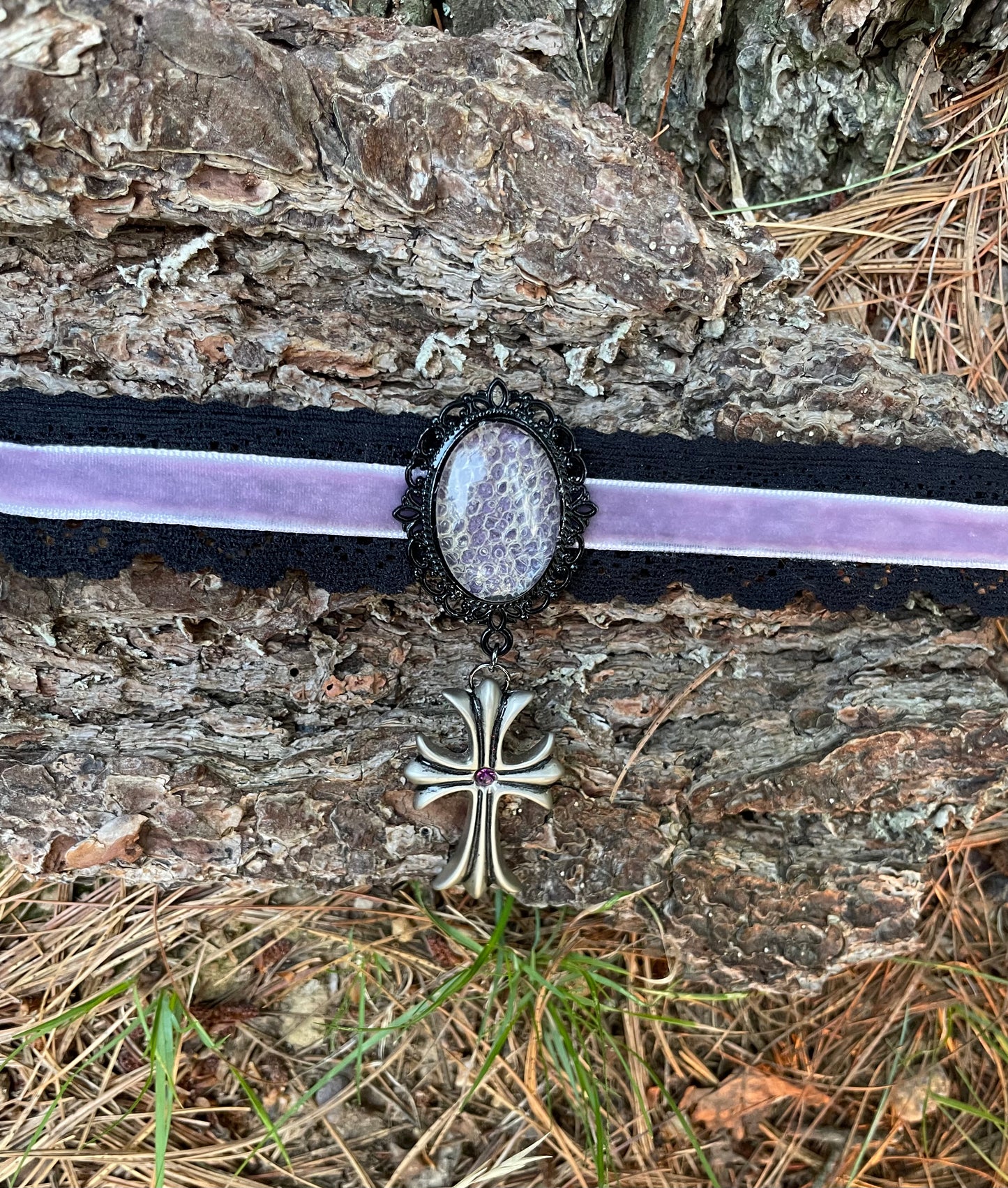 Lilac Python Shed and Cross Choker Necklace