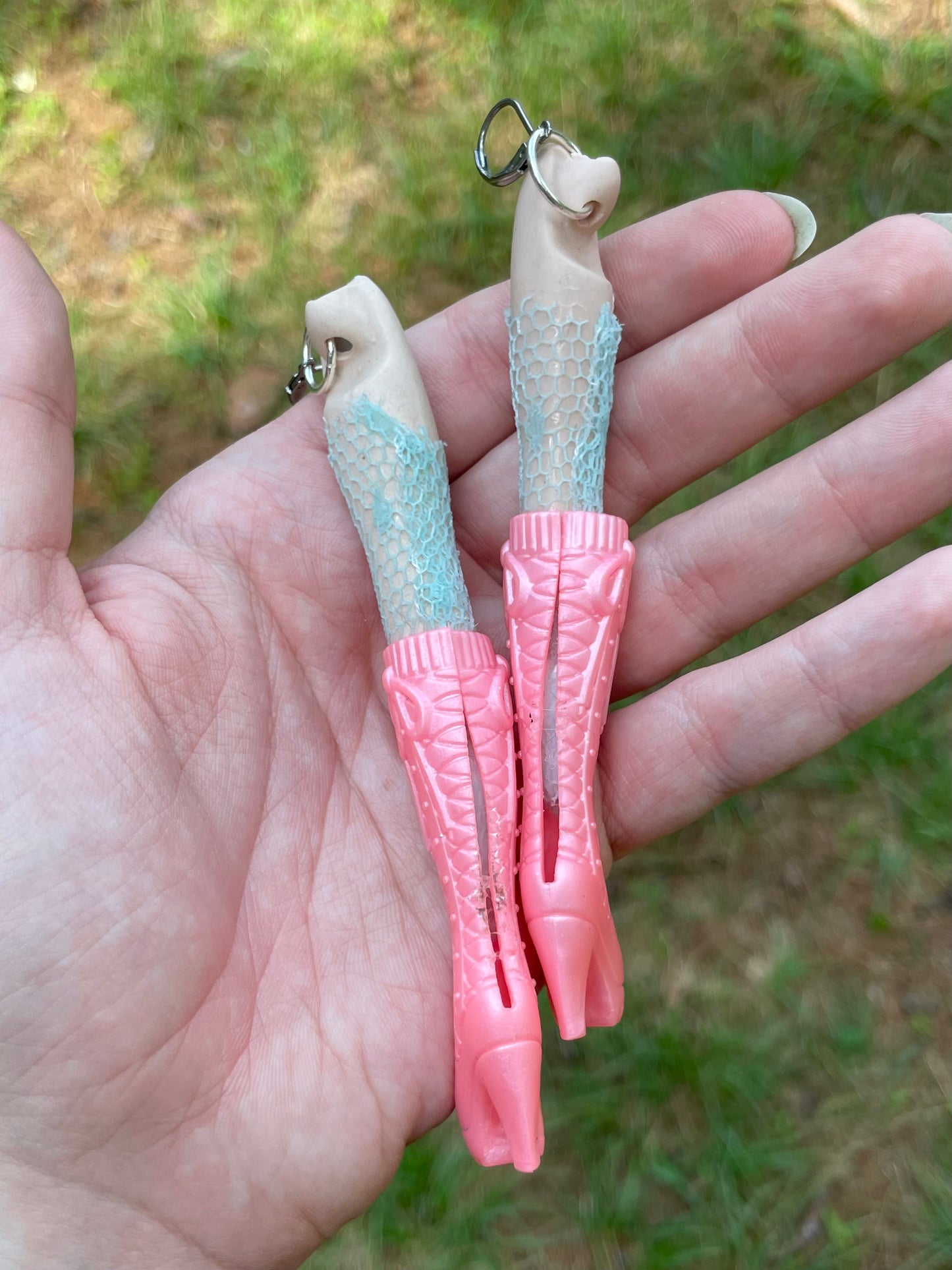 Vintage Porcelain Doll Leg Earrings with Pink Boots