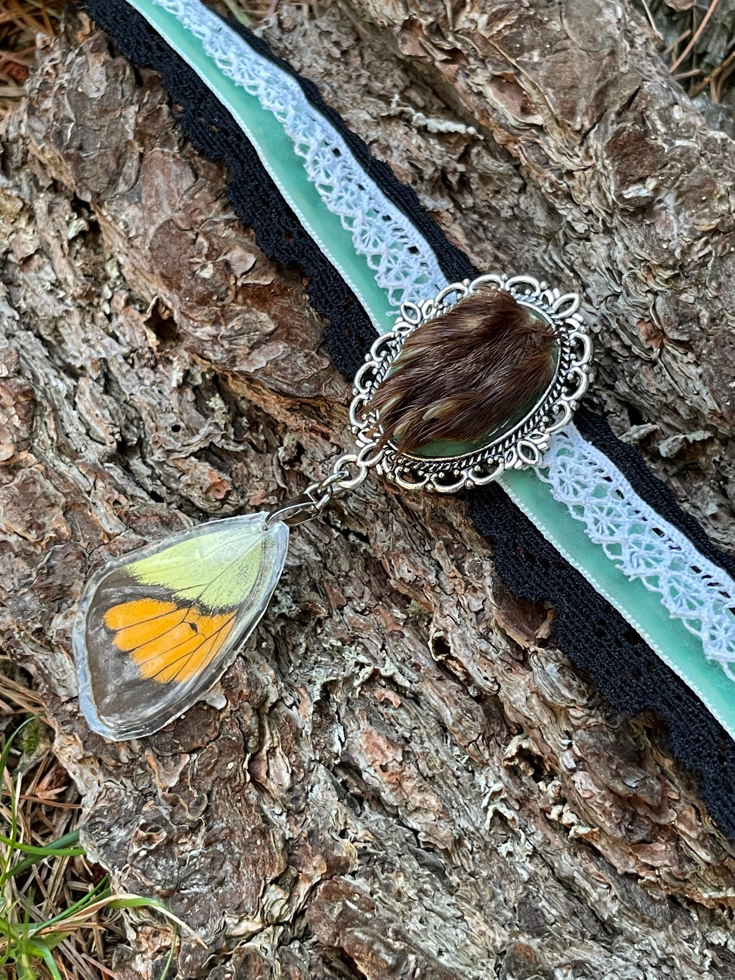 Antique Mink Paw and Butterfly Wing Choker Necklace