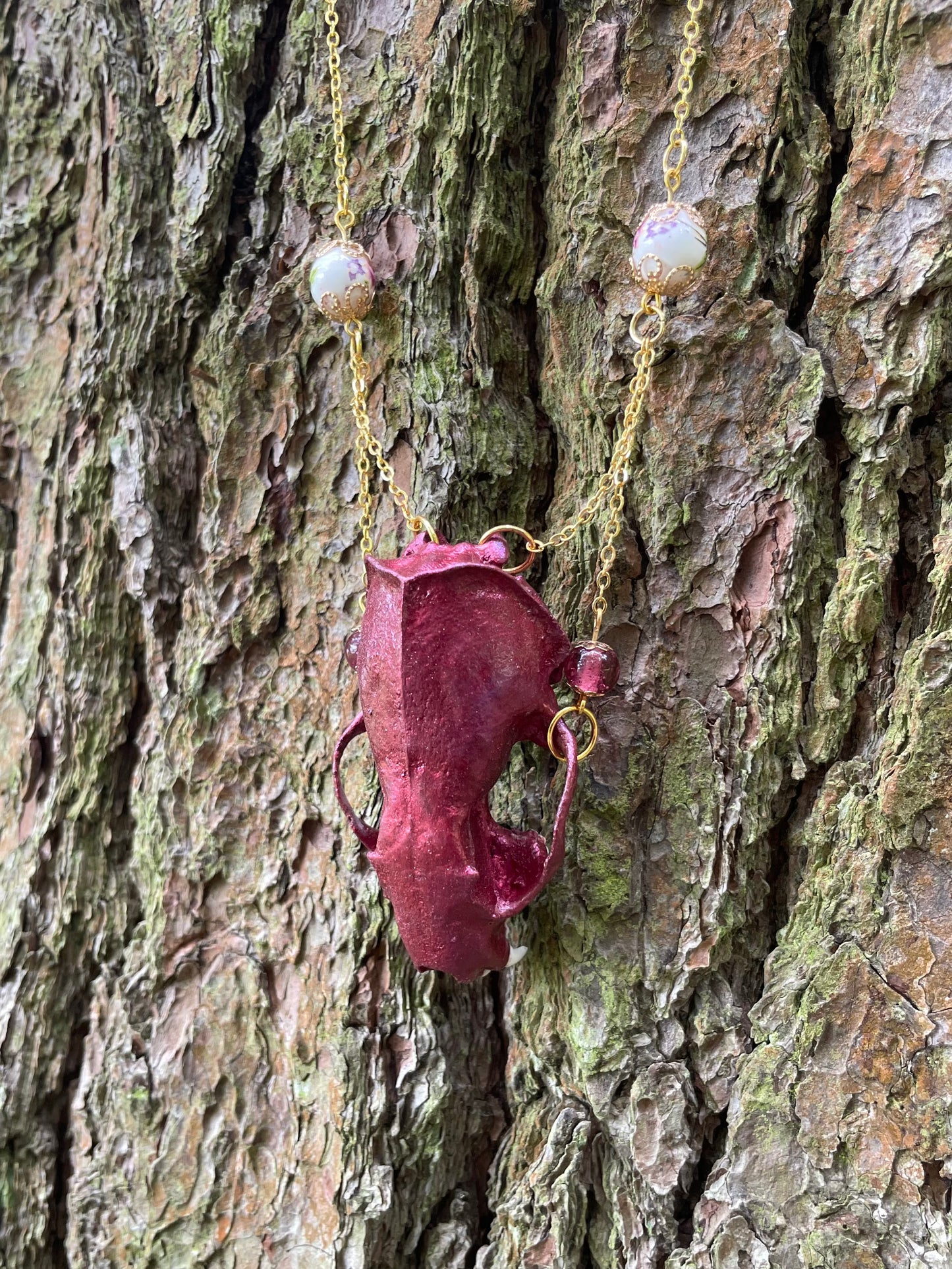 Metallic Burgundy Mink Skull Necklace