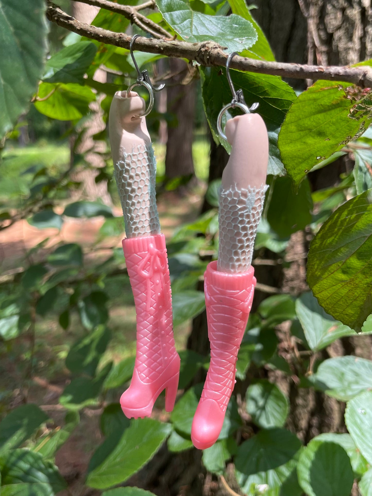 Vintage Porcelain Doll Leg Earrings with Pink Boots