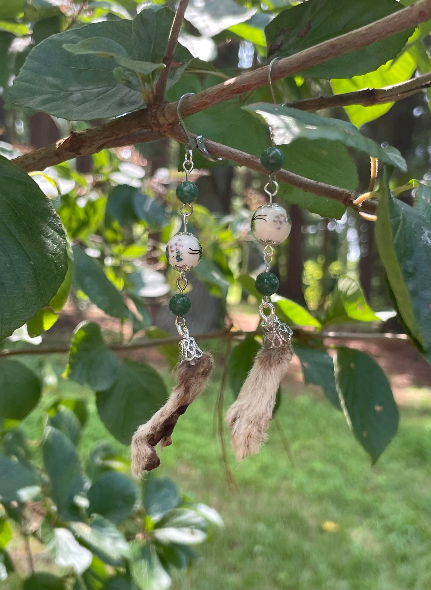 Mummified Packrat Paw with Real Jade Bead Earrings