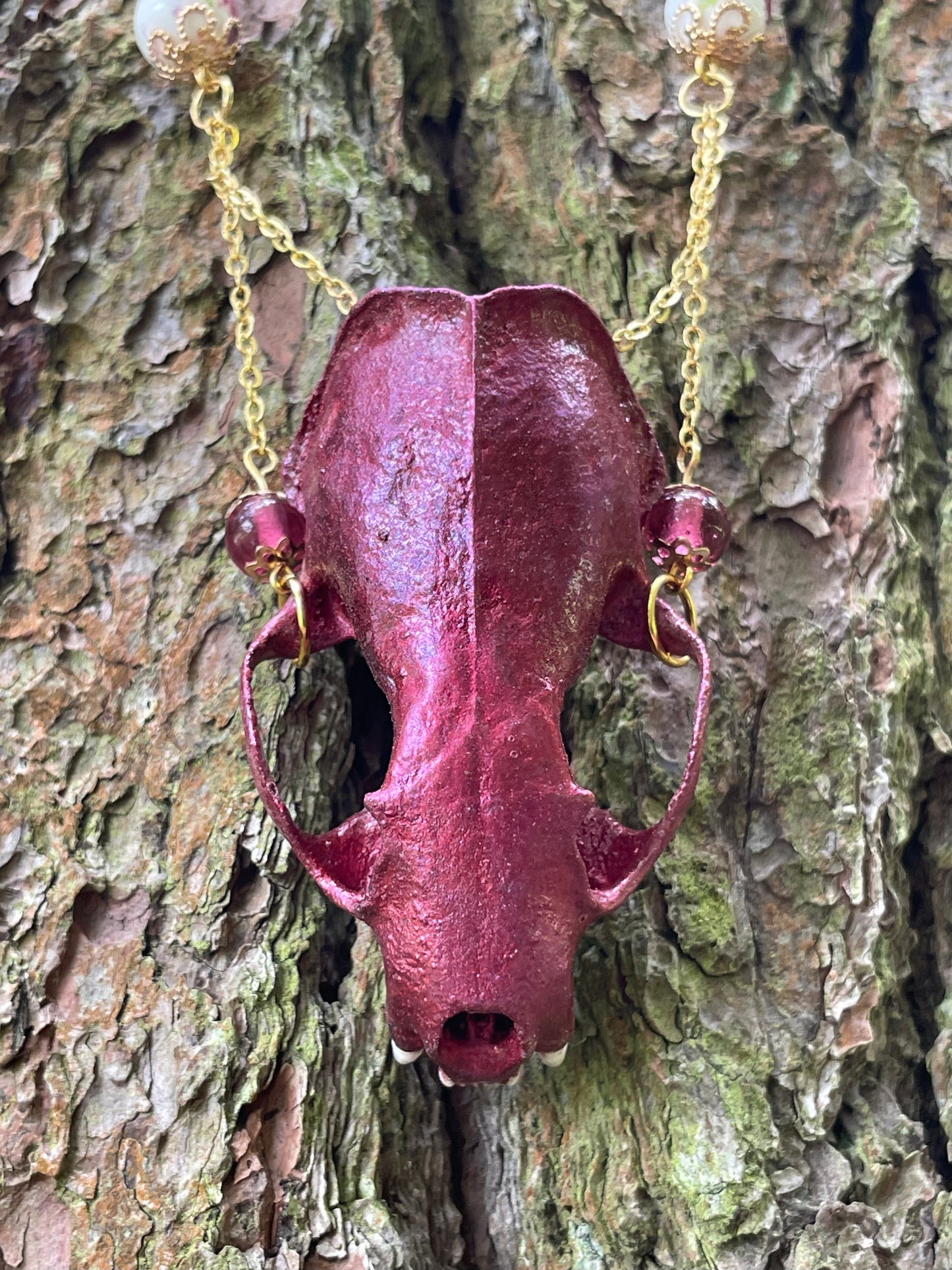 Metallic Burgundy Mink Skull Necklace