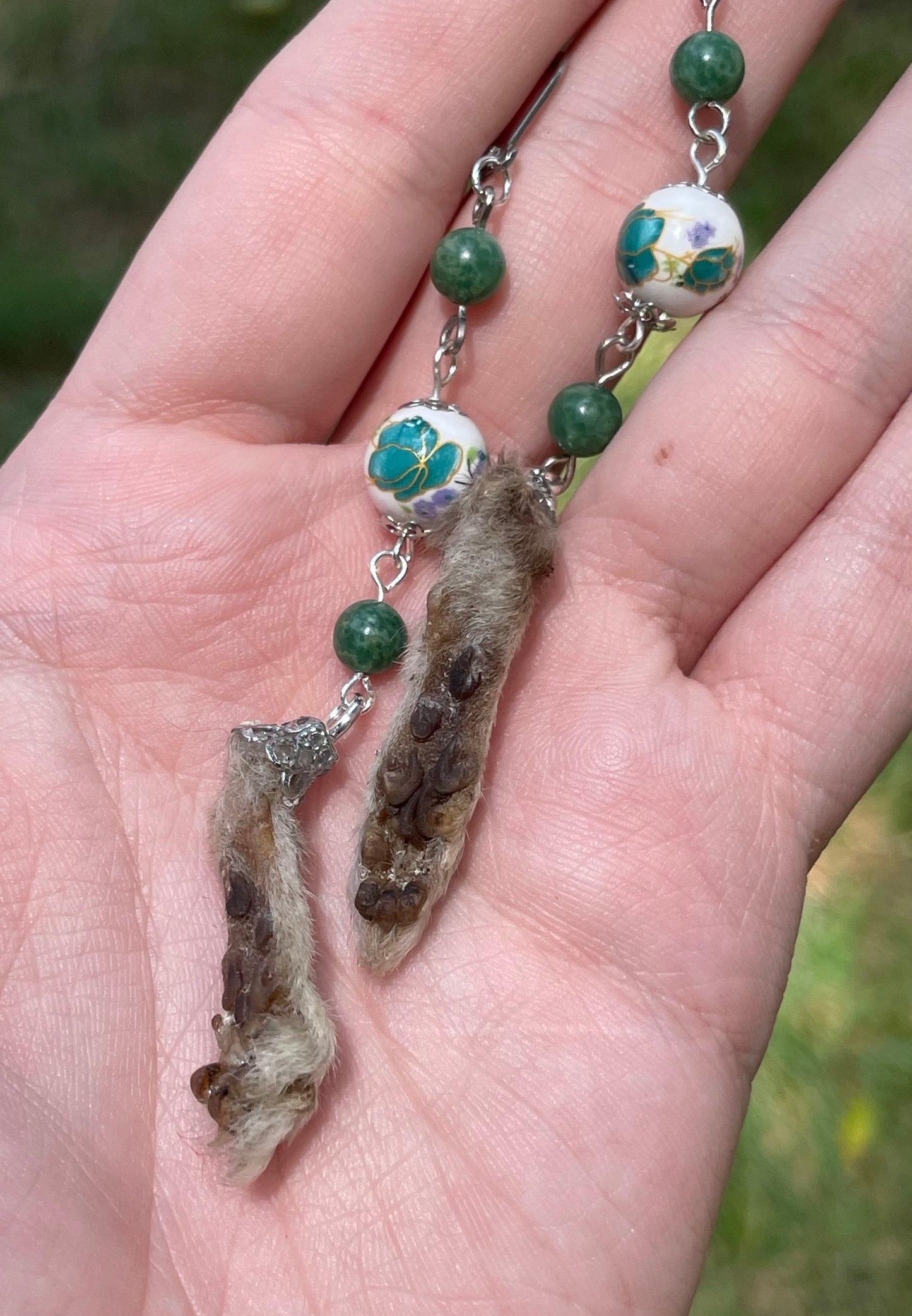 Mummified Packrat Paw with Real Jade Bead Earrings