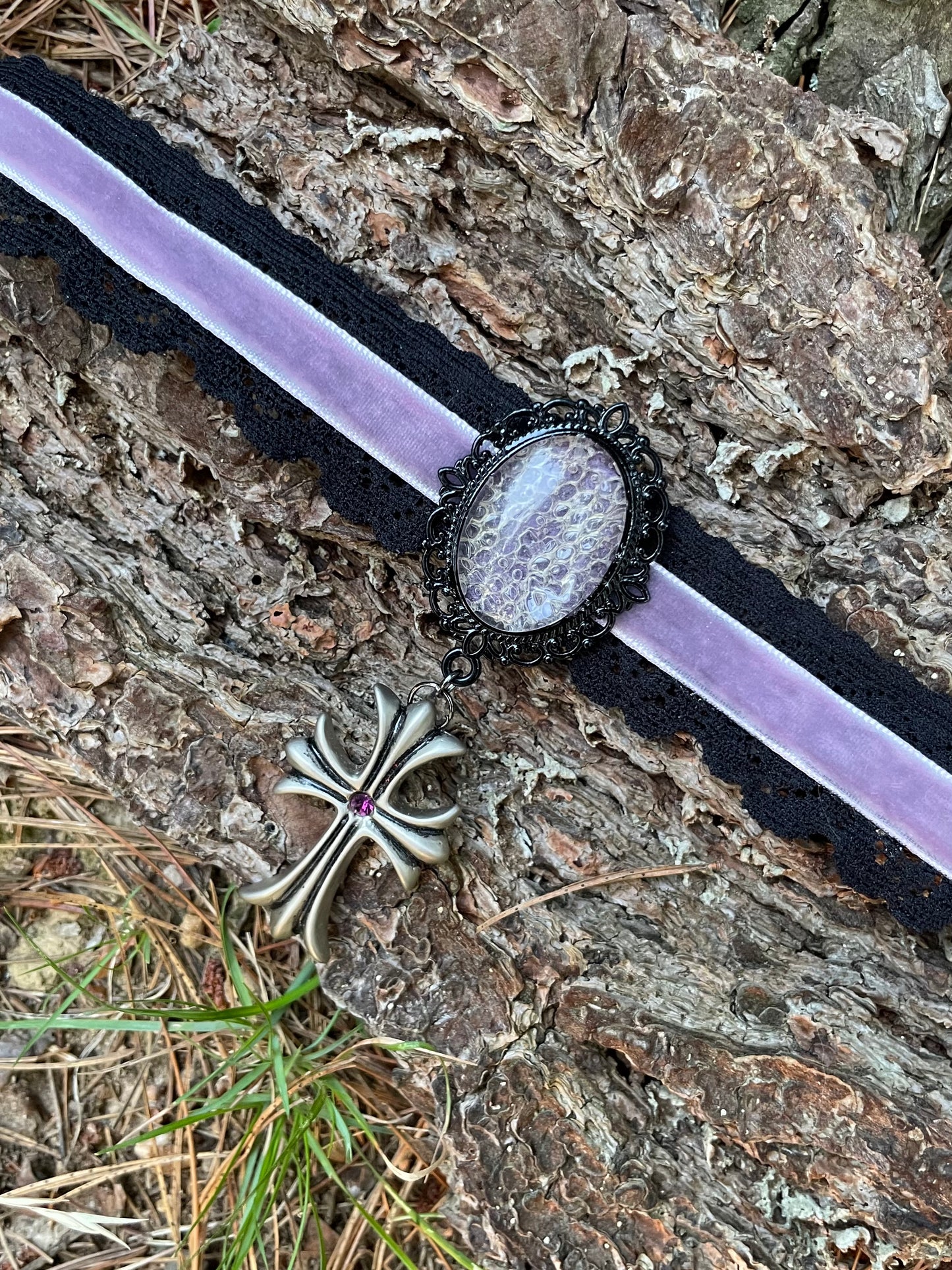 Lilac Python Shed and Cross Choker Necklace