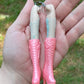 Vintage Porcelain Doll Leg Earrings with Pink Boots