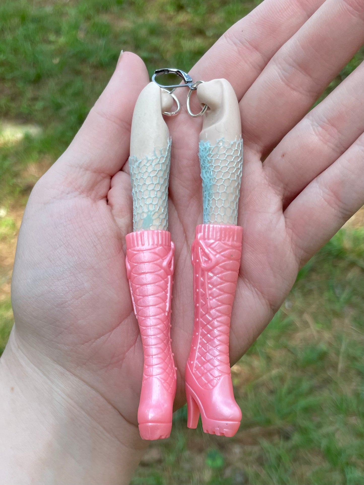 Vintage Porcelain Doll Leg Earrings with Pink Boots