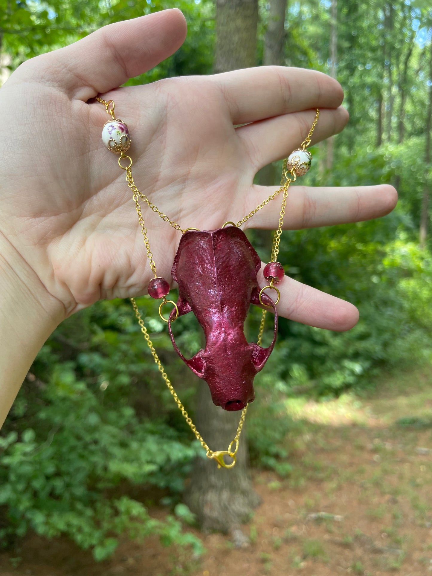 Metallic Burgundy Mink Skull Necklace