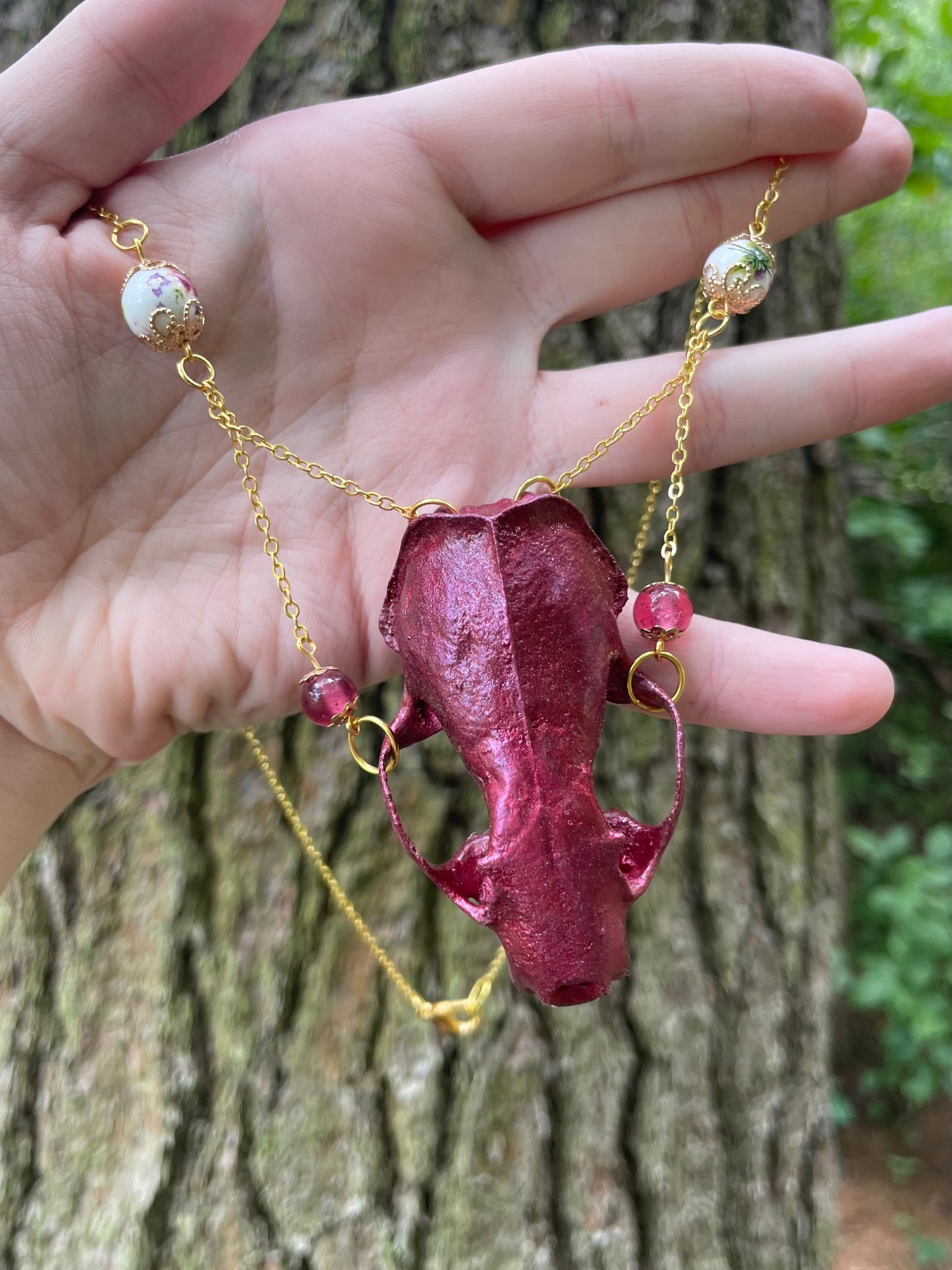 Metallic Burgundy Mink Skull Necklace