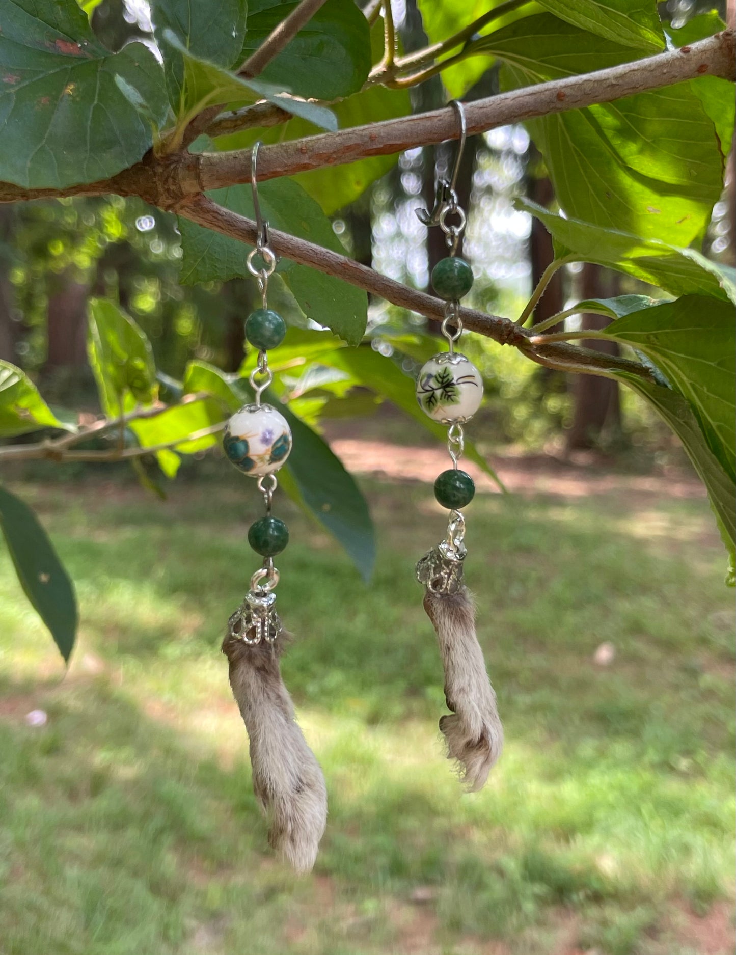 Mummified Packrat Paw with Real Jade Bead Earrings