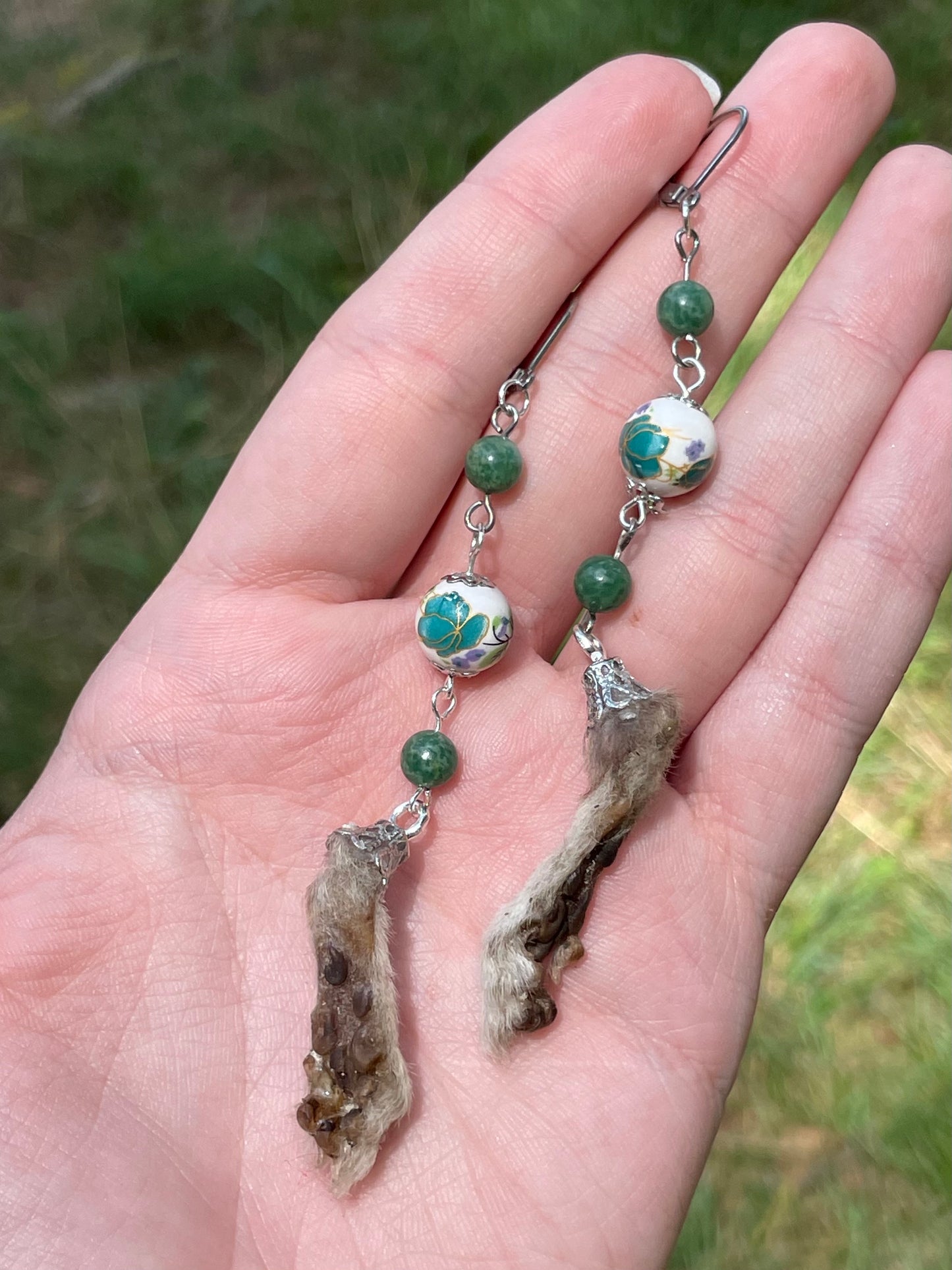 Mummified Packrat Paw with Real Jade Bead Earrings