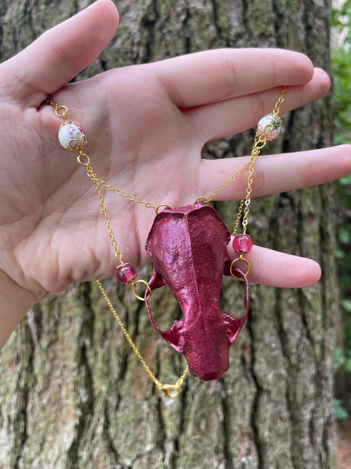 Metallic Burgundy Mink Skull Necklace