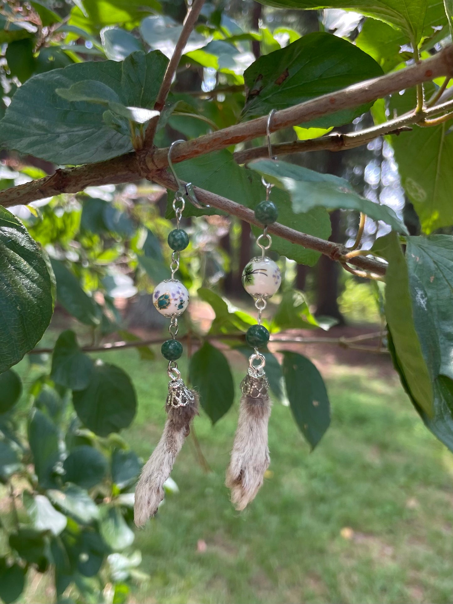 Mummified Packrat Paw with Real Jade Bead Earrings