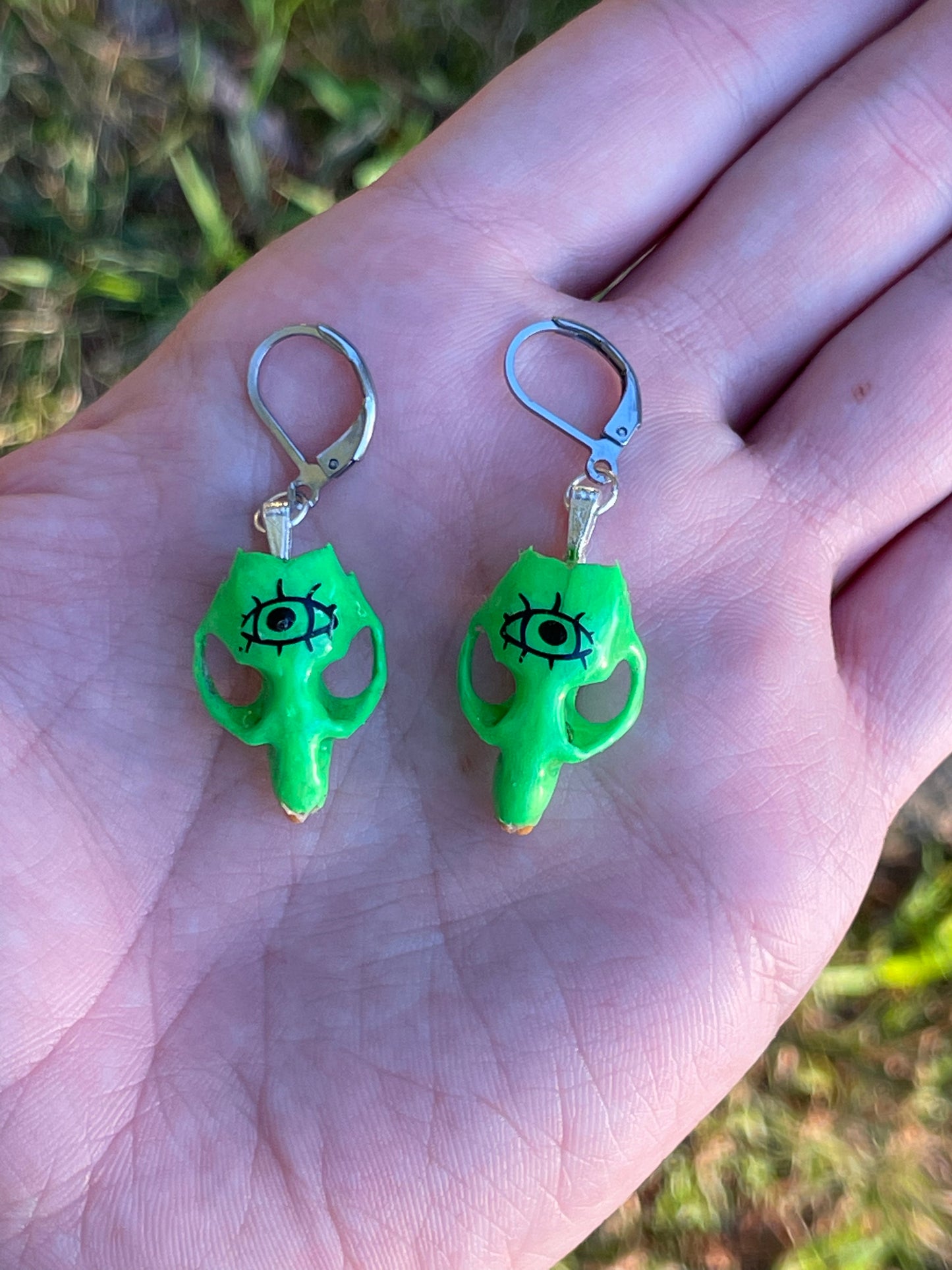 Glowing Green Eyeball Vole Skull Earrings