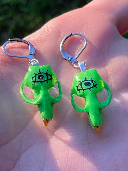 Glowing Green Eyeball Vole Skull Earrings