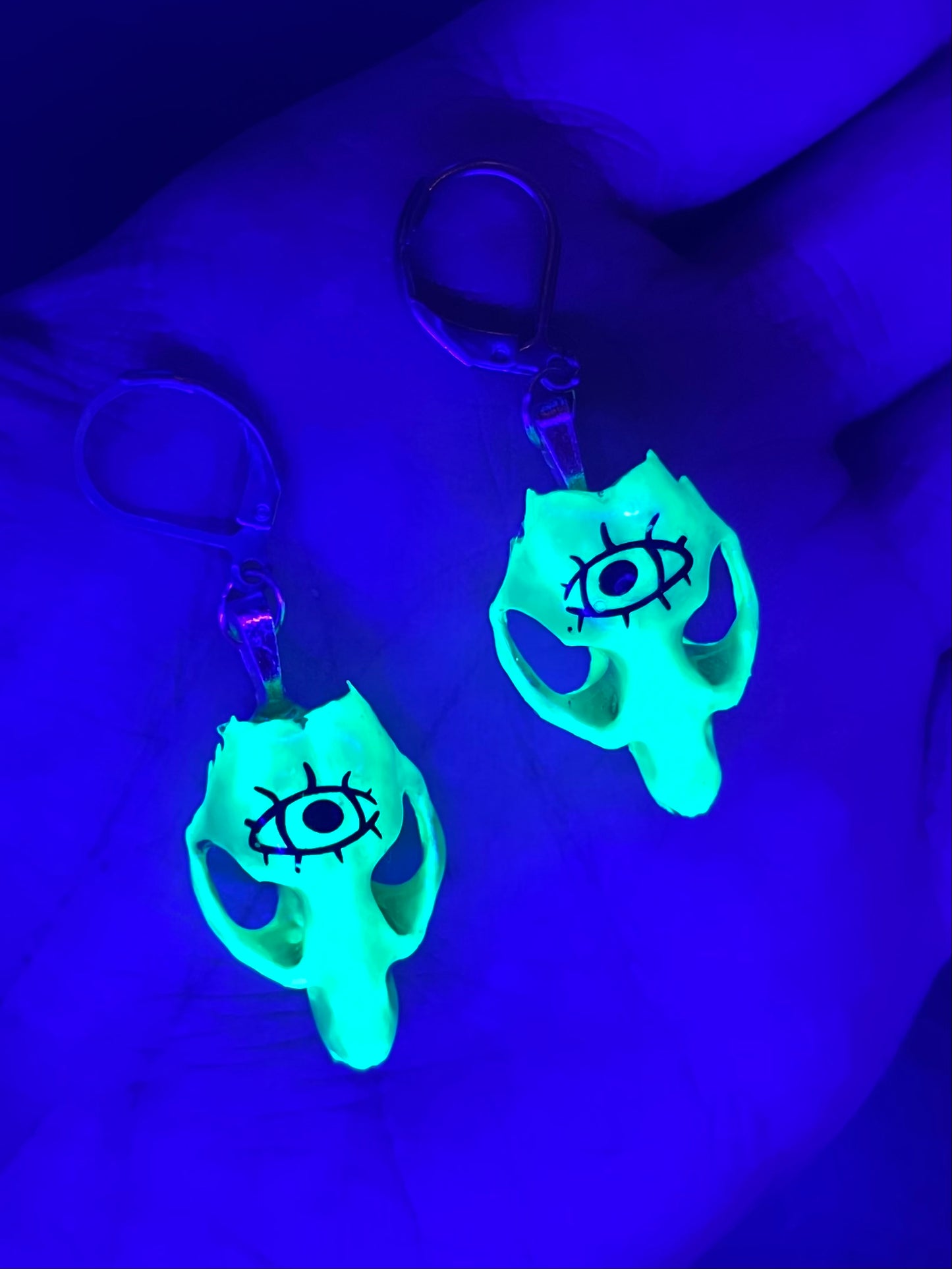 Glowing Green Eyeball Vole Skull Earrings