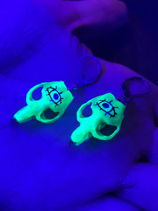 Glowing Green Eyeball Vole Skull Earrings