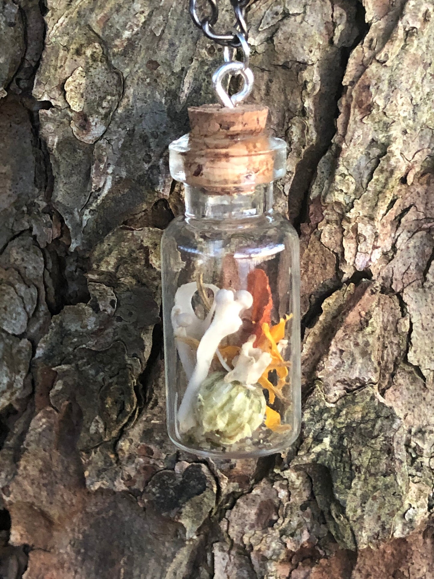 Rodent Bone And Flower Bottle Charm Necklace